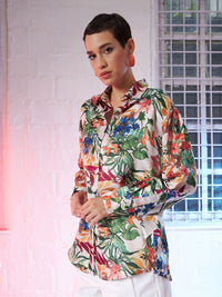 SASSAFRAS Beige Comfort Oversized Floral Printed Satin Casual Shirt