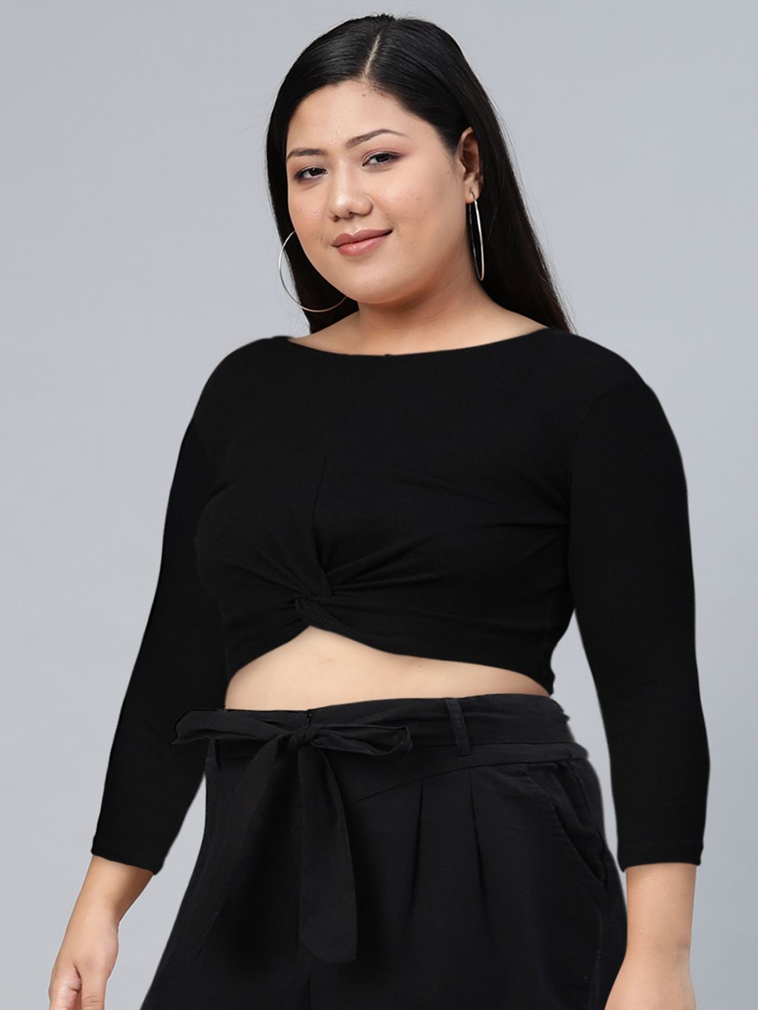 SASSAFRAS Women Black Solid Cropped Twisted Knot Top