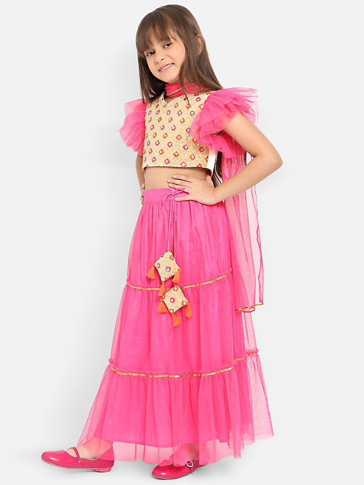 Nauti Nati Girls Embellished Mirror Work Ready to Wear Lehenga & Blouse With Dupatta
