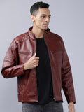 HIGHLANDER Men Burgundy Solid Leather Jacket