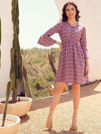 STREET 9 Lavender & Beige Printed Bell Sleeve Fit & Flare Dress