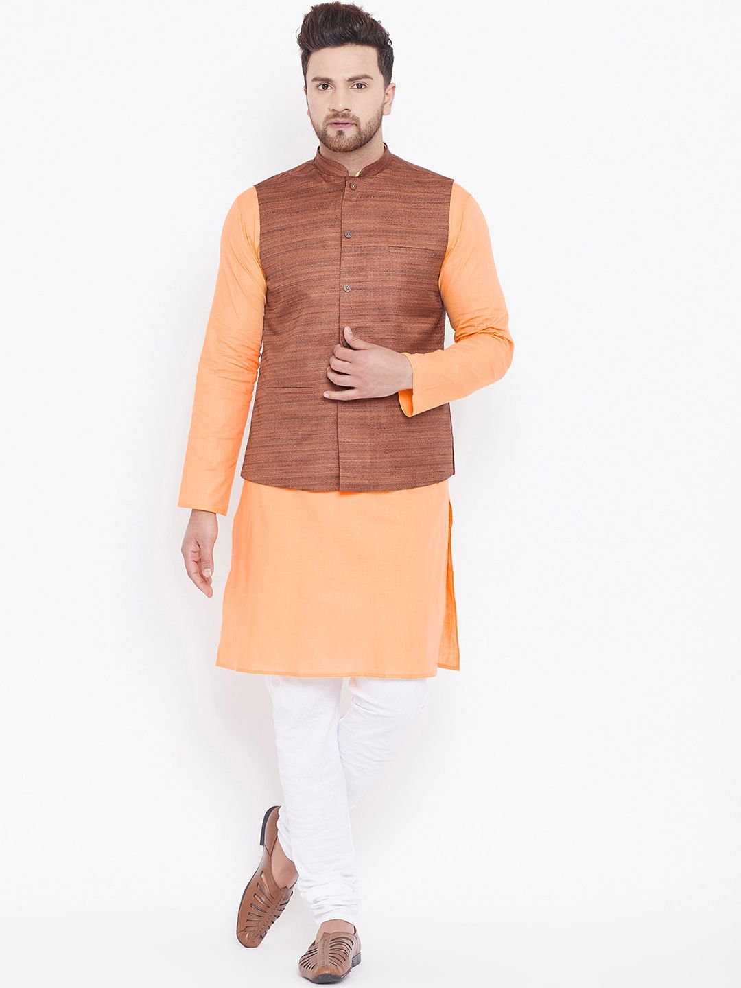 VASTRAMAY Men Orange Layered Kurta with Pyjamas