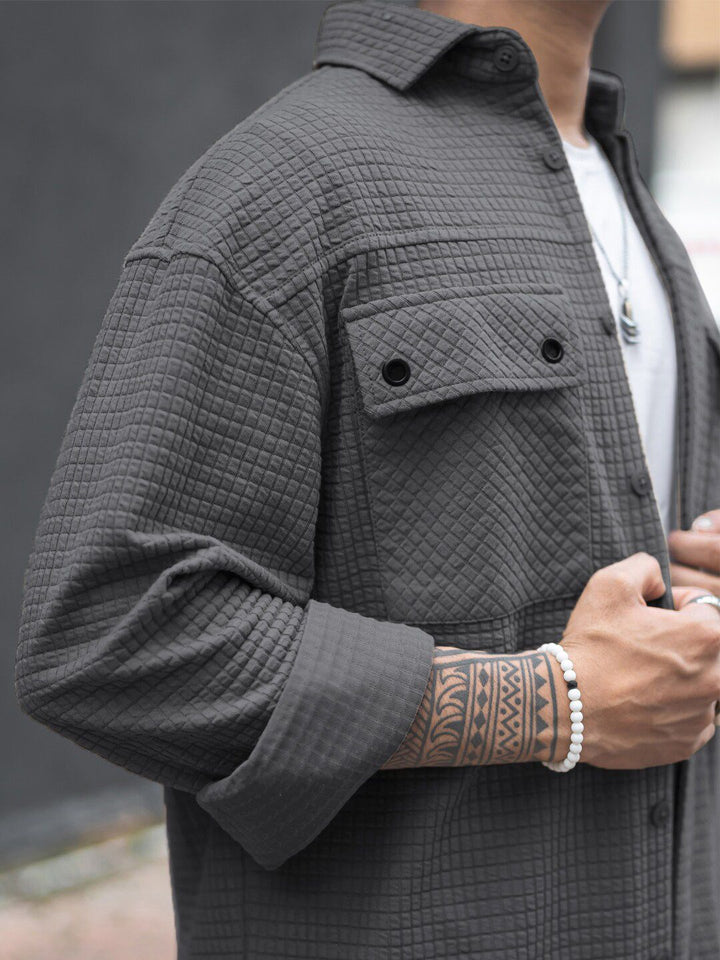 Powerlook India Slim Oversized Textured Self Design Spread Collar Knitted Casual Shirt