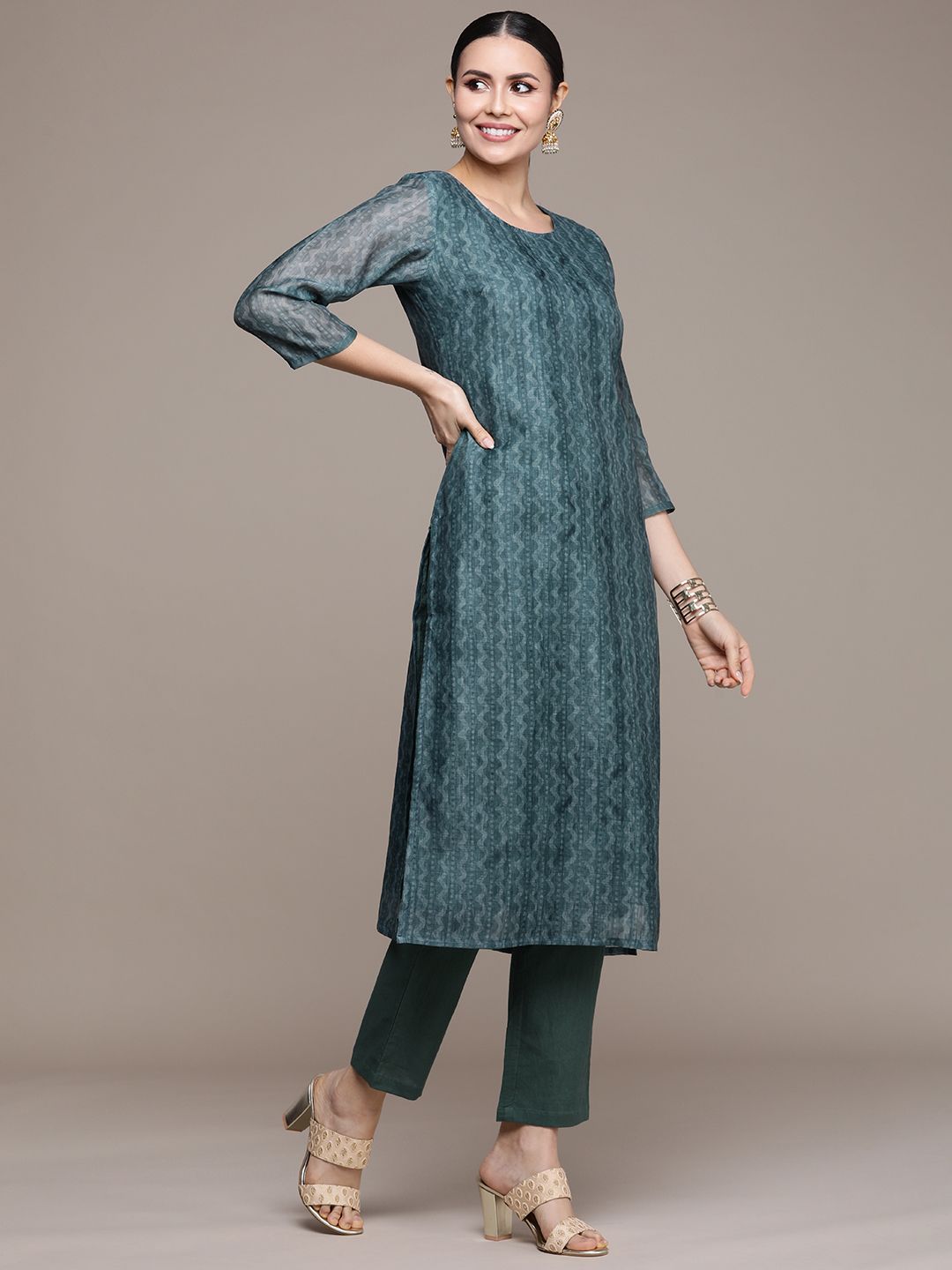 Anouk Women Teal Printed Regular Kurta with Trousers