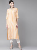 Libas Women Orange & White Striped Straight Kurta