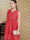 House of Pataudi Floral Printed Sequinned Detailed V-Neck A-Line Midi Jashn Dress