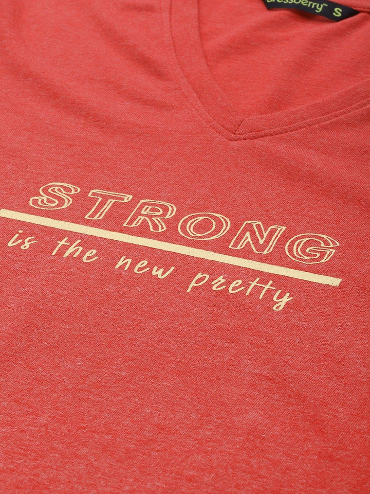 DressBerry Women Red Typography Printed V-Neck T-shirt