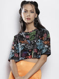 SASSAFRAS Women Black & Blue Print Boxy Crop Top