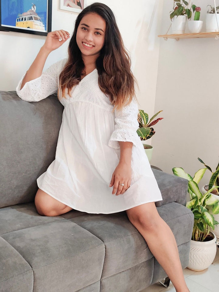 SASSAFRAS White Schiffli Embroidered Cotton A-Line Dress