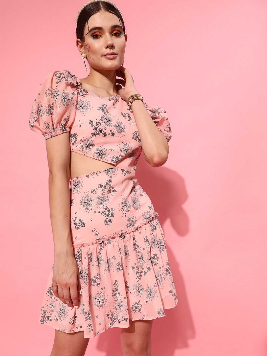 STREET 9 Peach-Coloured Floral Georgette Sheath Midi Dress