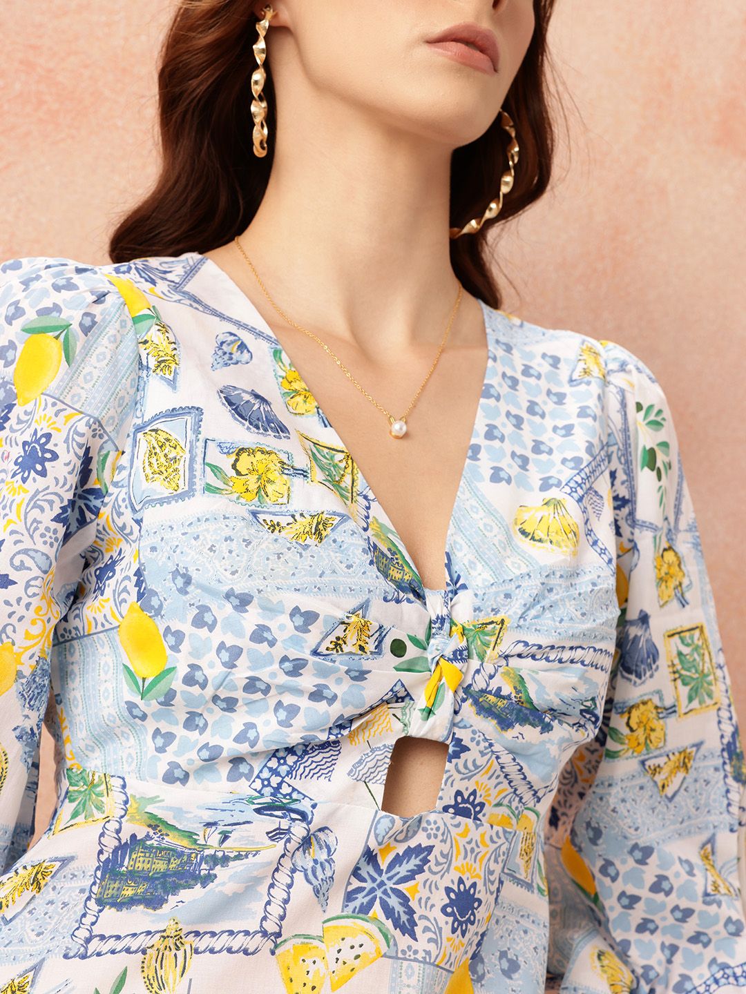 all about you Tropical Print Cut-Out Pure Cotton A-Line Midi Dress