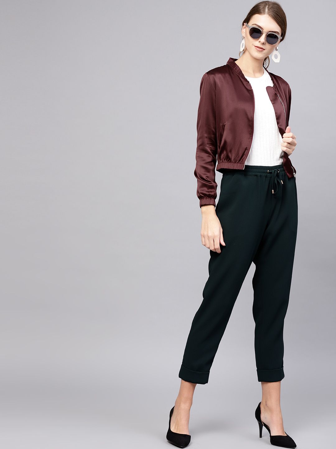 STREET 9 Women Burgundy Solid Satin Cropped Bomber Jacket