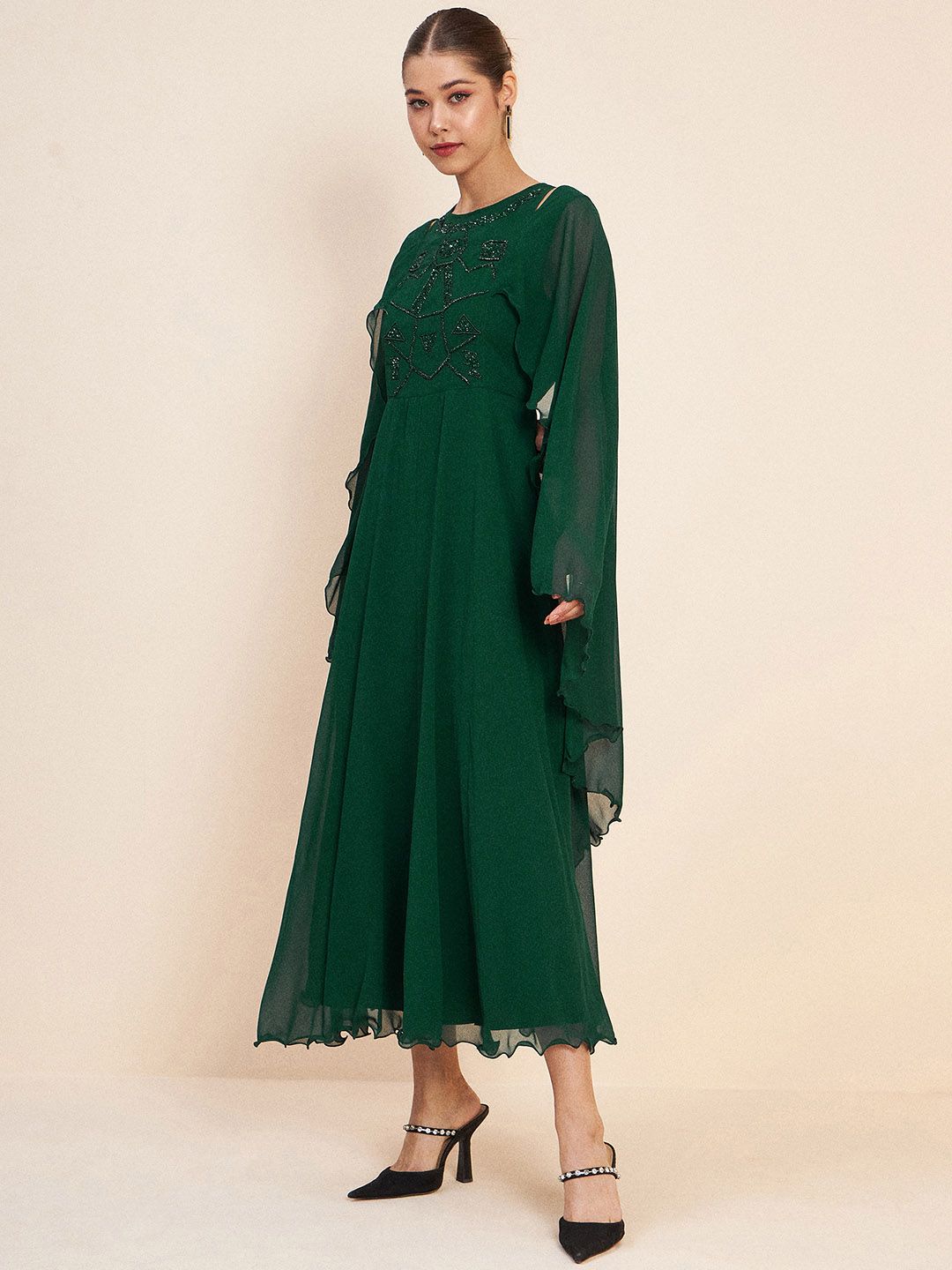 Antheaa Green Slit Sleeves Embellished Detail Maxi Dress