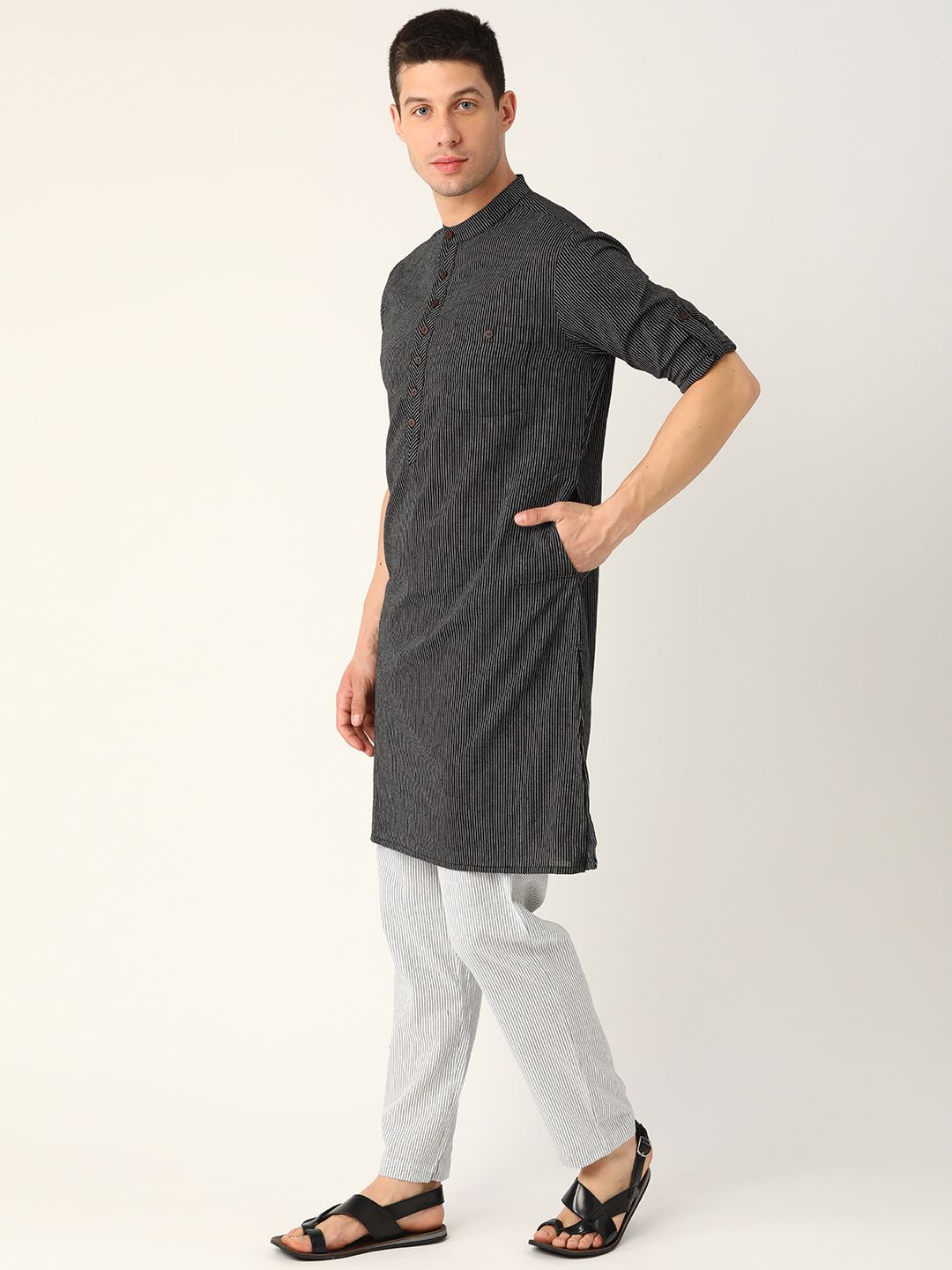 Anouk Men Black & White Striped Kurta with Trousers