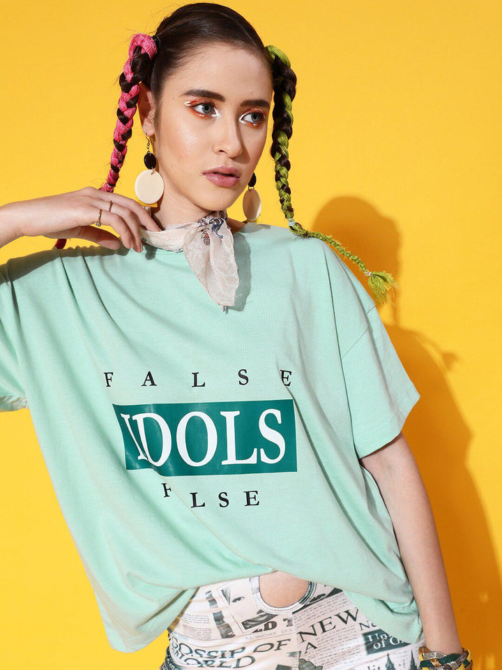 STREET 9 Women Sea Green Printed Cotton Drop-Shoulder Sleeves Bio Finish Oversized Pure Cotton T-shirt