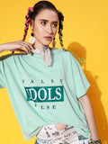 STREET 9 Women Sea Green Printed Cotton Drop-Shoulder Sleeves Bio Finish Oversized Pure Cotton T-shirt
