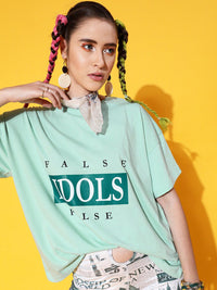 STREET 9 Women Sea Green Printed Cotton Drop-Shoulder Sleeves Bio Finish Oversized Pure Cotton T-shirt
