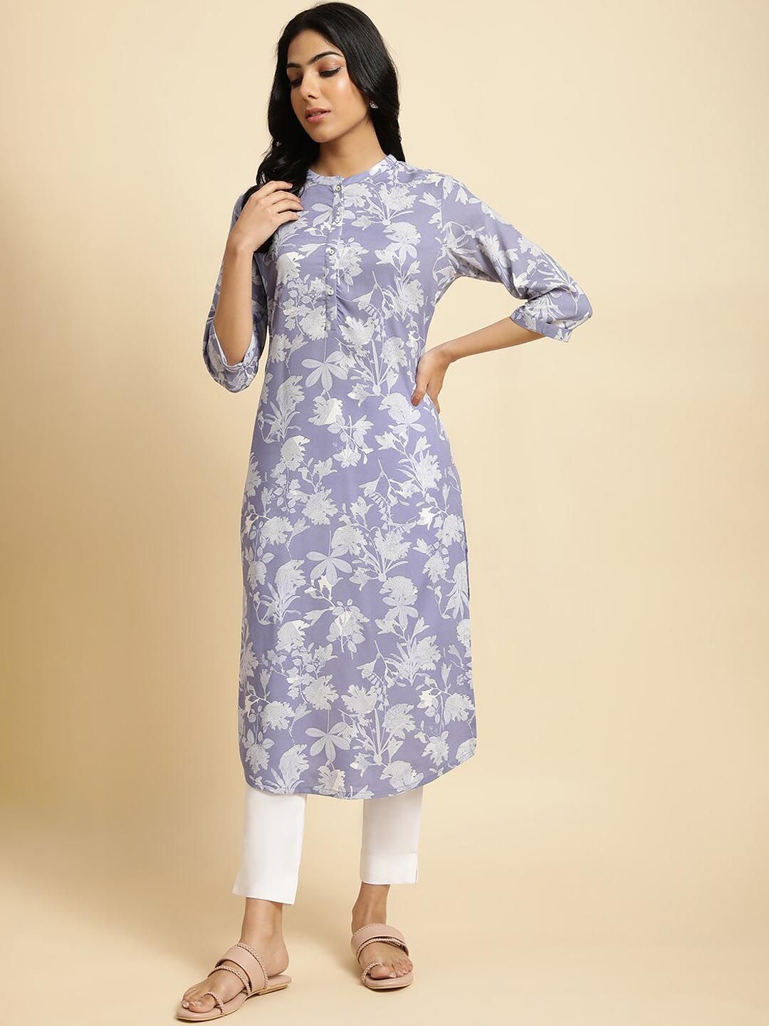 W Purple & White Floral Printed Band Collar Kurta