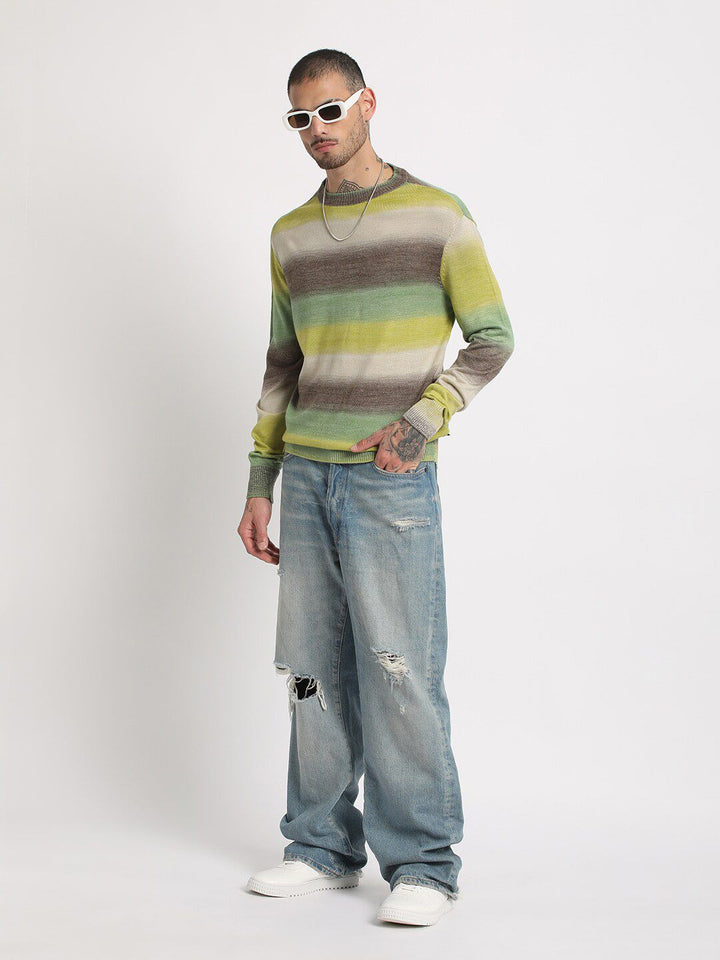 THE BEAR HOUSE Striped Drop-Shoulder Sleeves Acrylic Pullover Sweatshirt