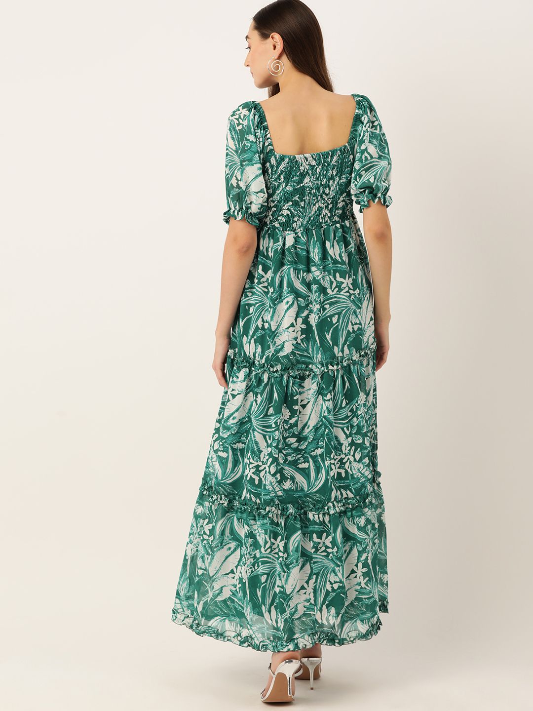 DressBerry Floral Print Puff Sleeves Smocked Tiered Maxi Dress