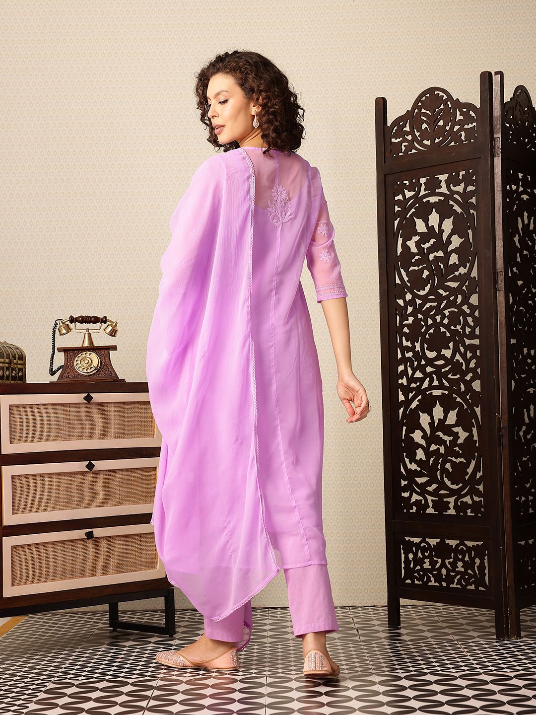 House of Pataudi Chikankari Embroidered Angrakha Jashn Kurta with Trousers & Dupatta