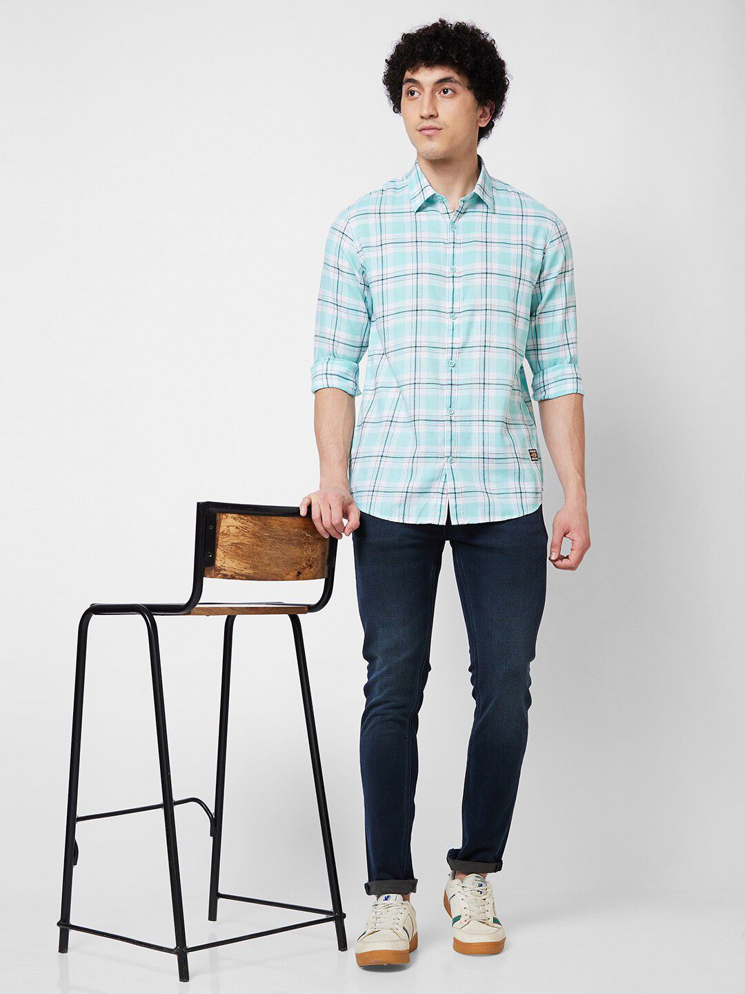 SPYKAR Baju Kasual Kapas Legap Berpetak Tartan Lelaki