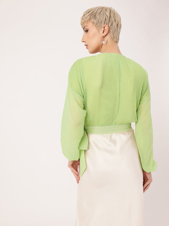 DressBerry Feminine Glam Accordion Pleats Drop Shoulder Wrap Top