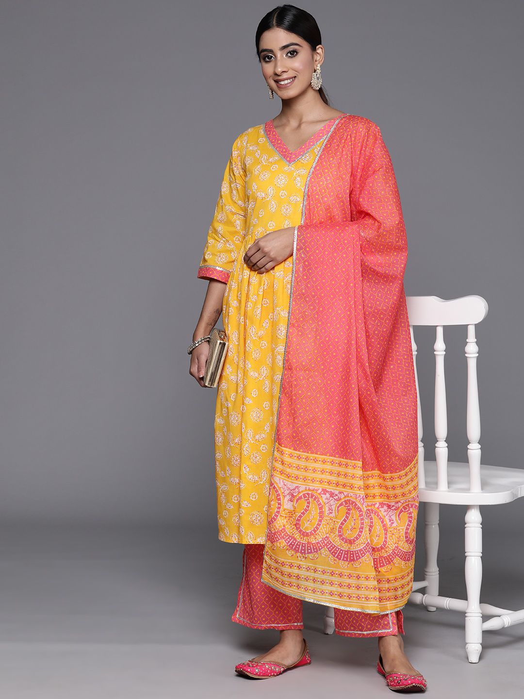Libas Women Floral Printed Gotta Patti Pure Cotton Kurta with Palazzos & With Dupatta