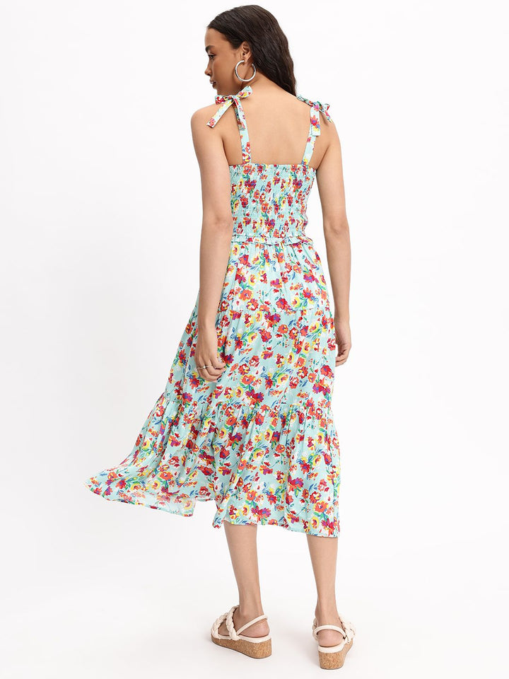 DressBerry Floral Fantasy Tiered Strappy Smocked Midi Dress