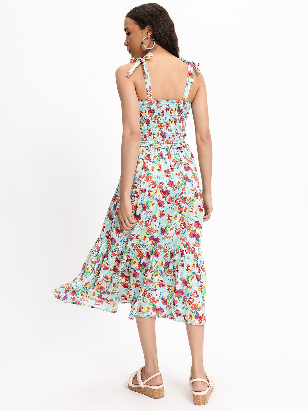 DressBerry Floral Fantasy Tiered Strappy Smocked Midi Dress
