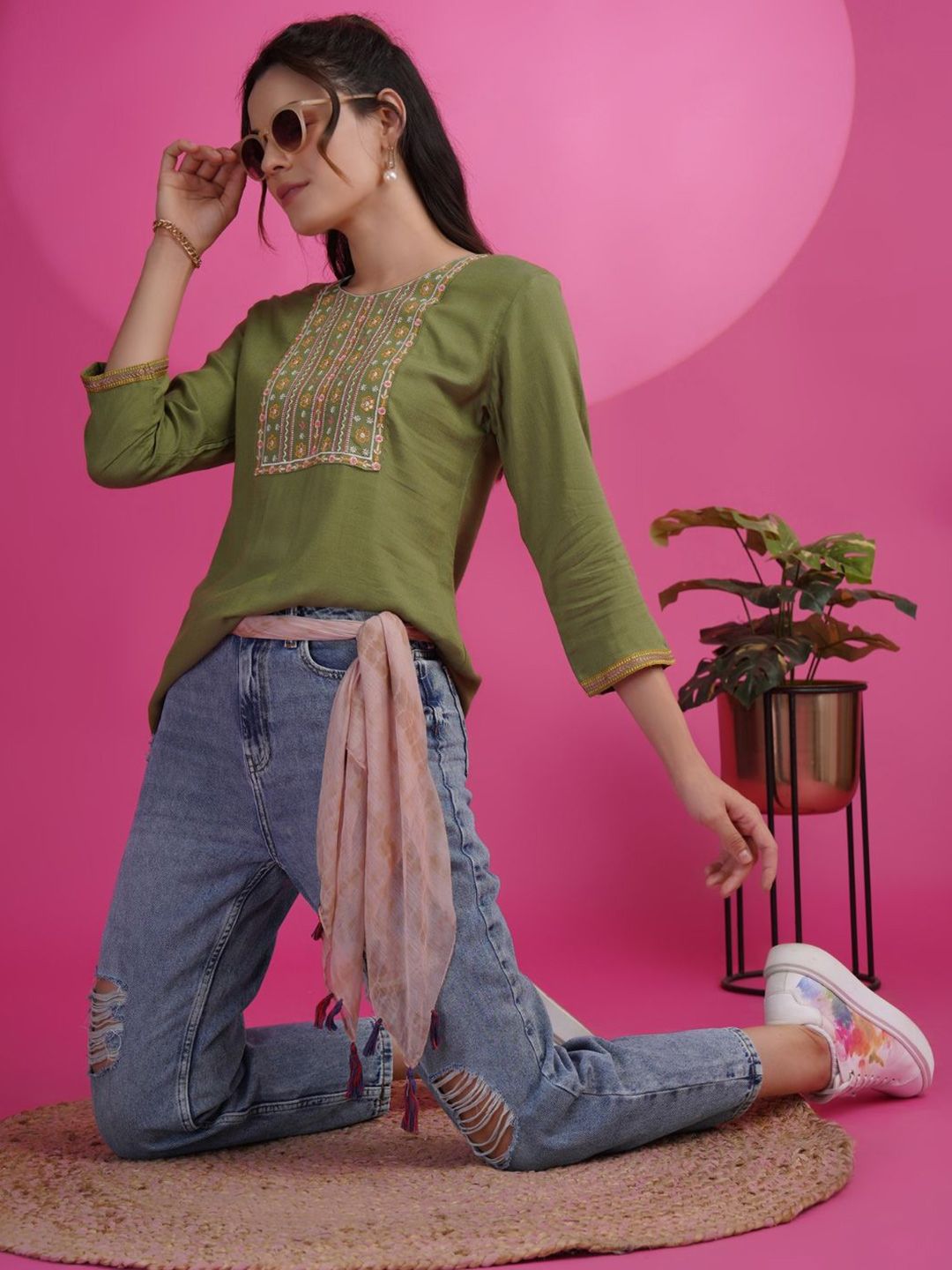 KALINI Embroidered Round Neck Patch Work Straight Kurti