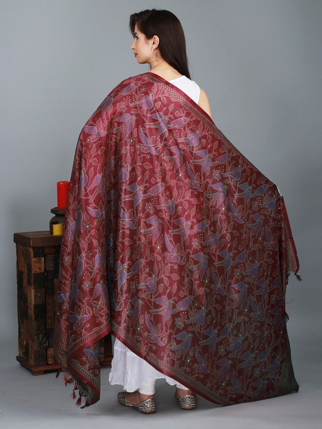 Exotic India Maroon Banglori Satin Birds and Leaf Printed Dupatta with Tassels