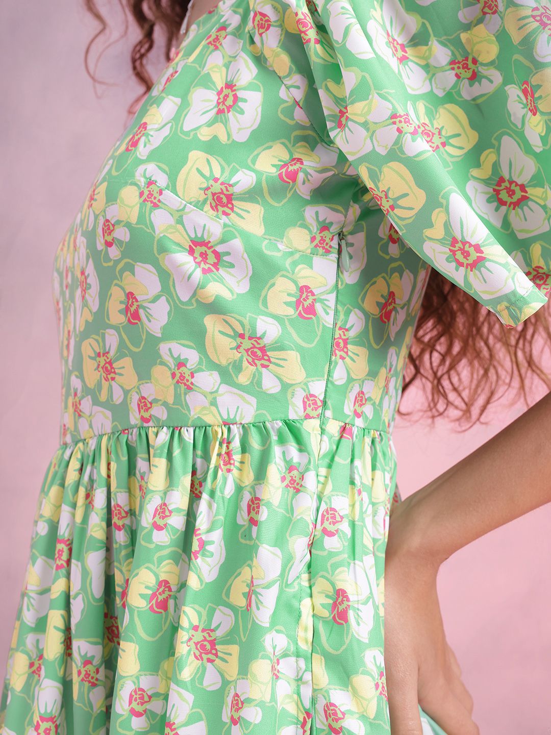 DressBerry Floral Print Flared Sleeve A-Line Midi Dress