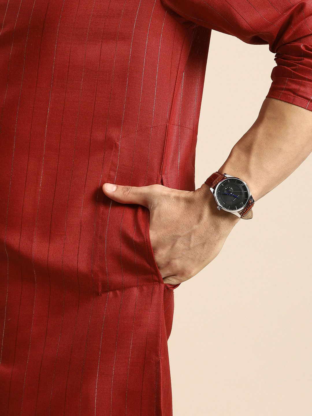 Anouk Men Red & Gold-Coloured Striped Straight Kurta