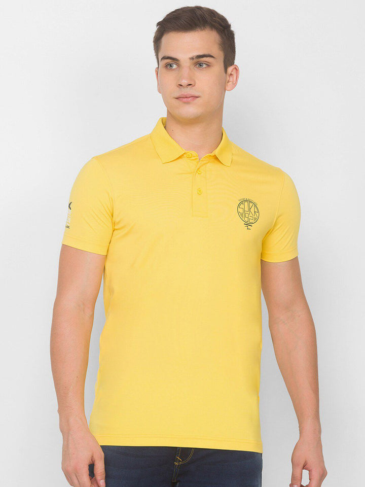 SPYKAR Men Yellow & Black Typography Printed Polo Collar Slim Fit T-shirt