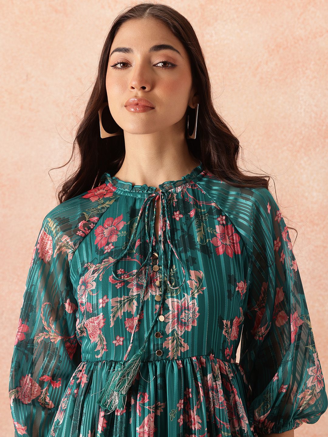 all about you Floral Print Tie-Up Neck Puff Sleeve Fit & Flare Midi Dress