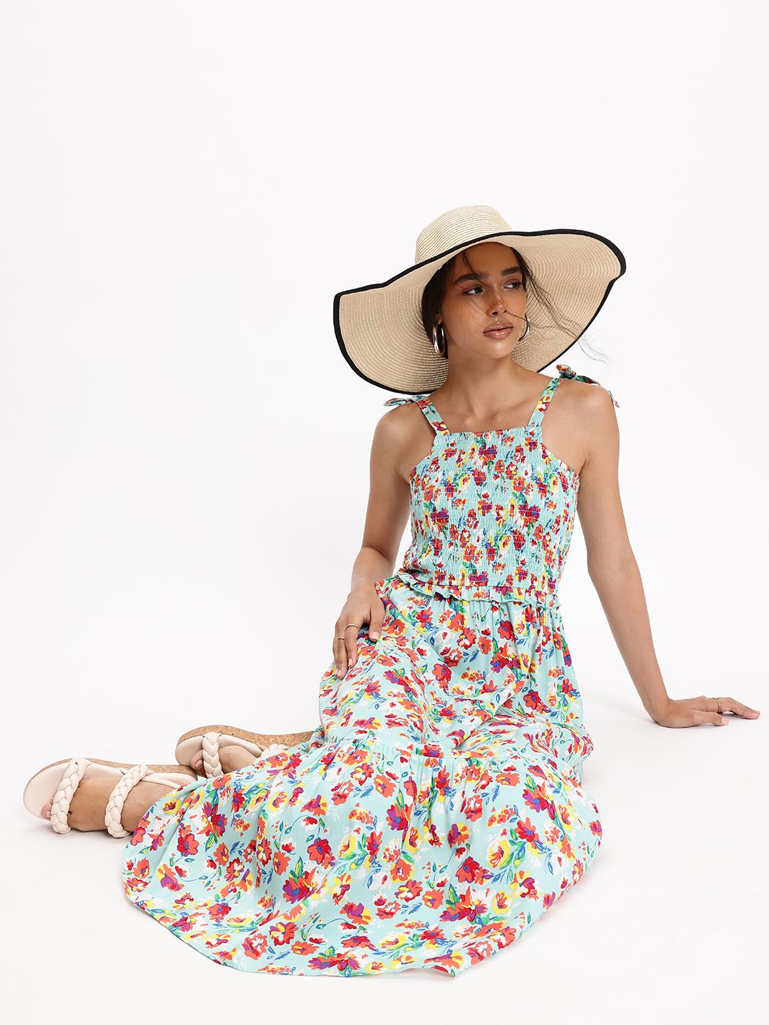 DressBerry Floral Fantasy Tiered Strappy Smocked Midi Dress