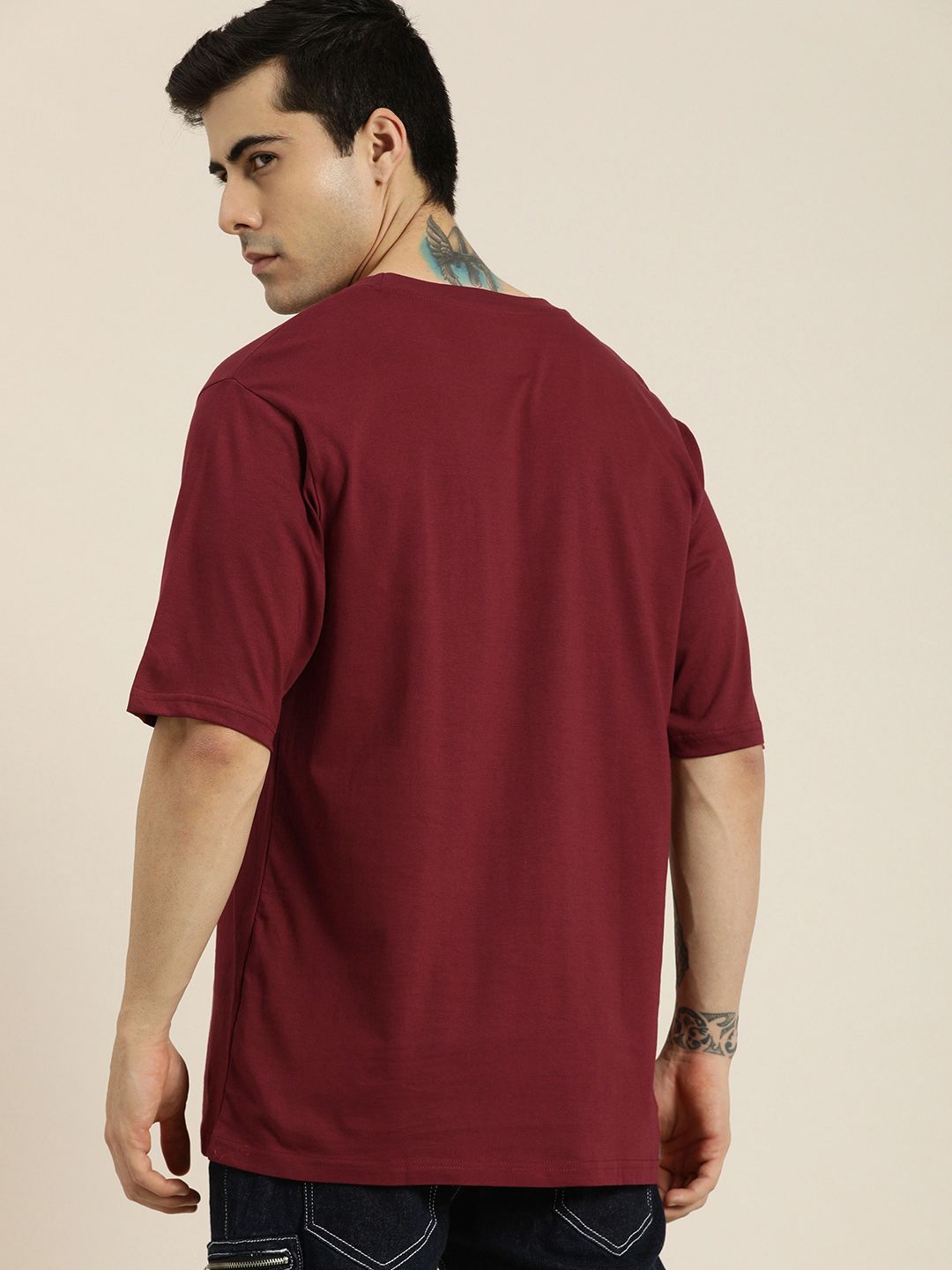 DILLINGER Men Maroon & Yellow Typography Printed Drop-Shoulder Sleeves Pure Cotton Oversized  T-shirt