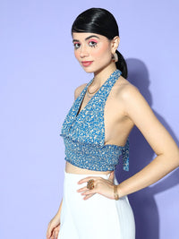 Berrylush Floral Print Halter Neck Crepe Crop Top