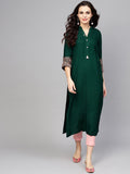 Libas Green Mandarin Collar Viscose Straight Kurta With Embroidered Sleeves