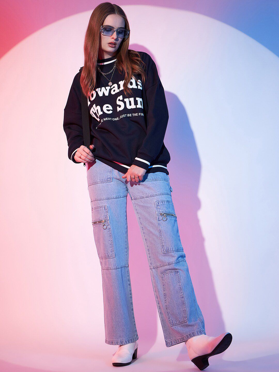 STREET 9 Navy Blue Typography Printed Drop Shoulder Pullover Fleece Sweatshirt