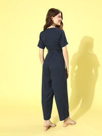 Berrylush Navy Blue & White Shawl Neck Printed Culotte Jumpsuit
