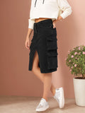 DressBerry Cargo Style Front Slit Denim Skirt