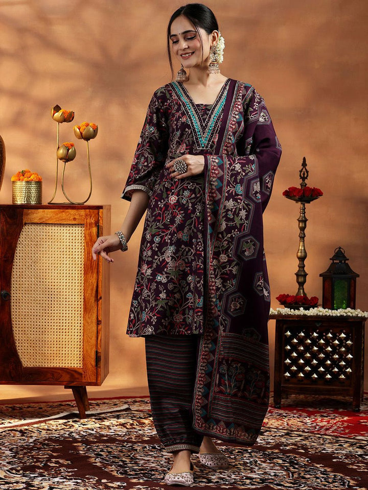 Libas Women Floral Printed Regular Mirror Work Kurta with Salwar & With Dupatta