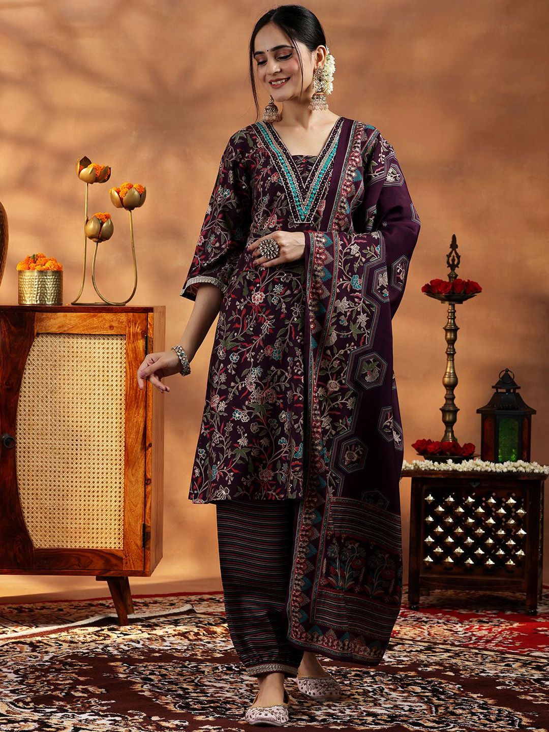 Libas Women Floral Printed Regular Mirror Work Kurta with Salwar & With Dupatta