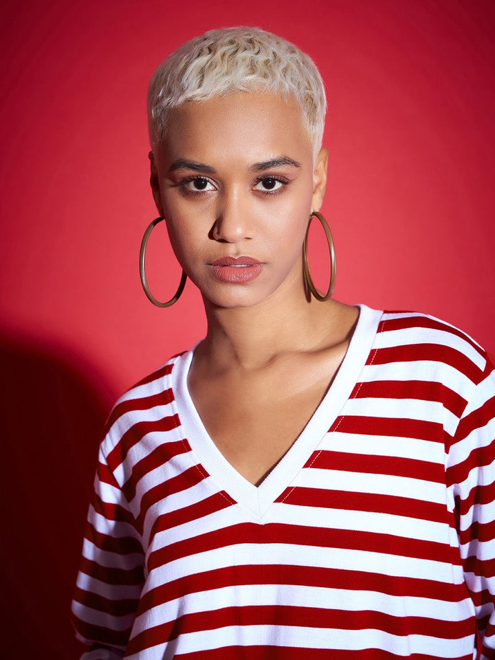 SASSAFRAS Red Striped V-Neck Long Sleeves Pure Cotton Pullover Sweatshirt