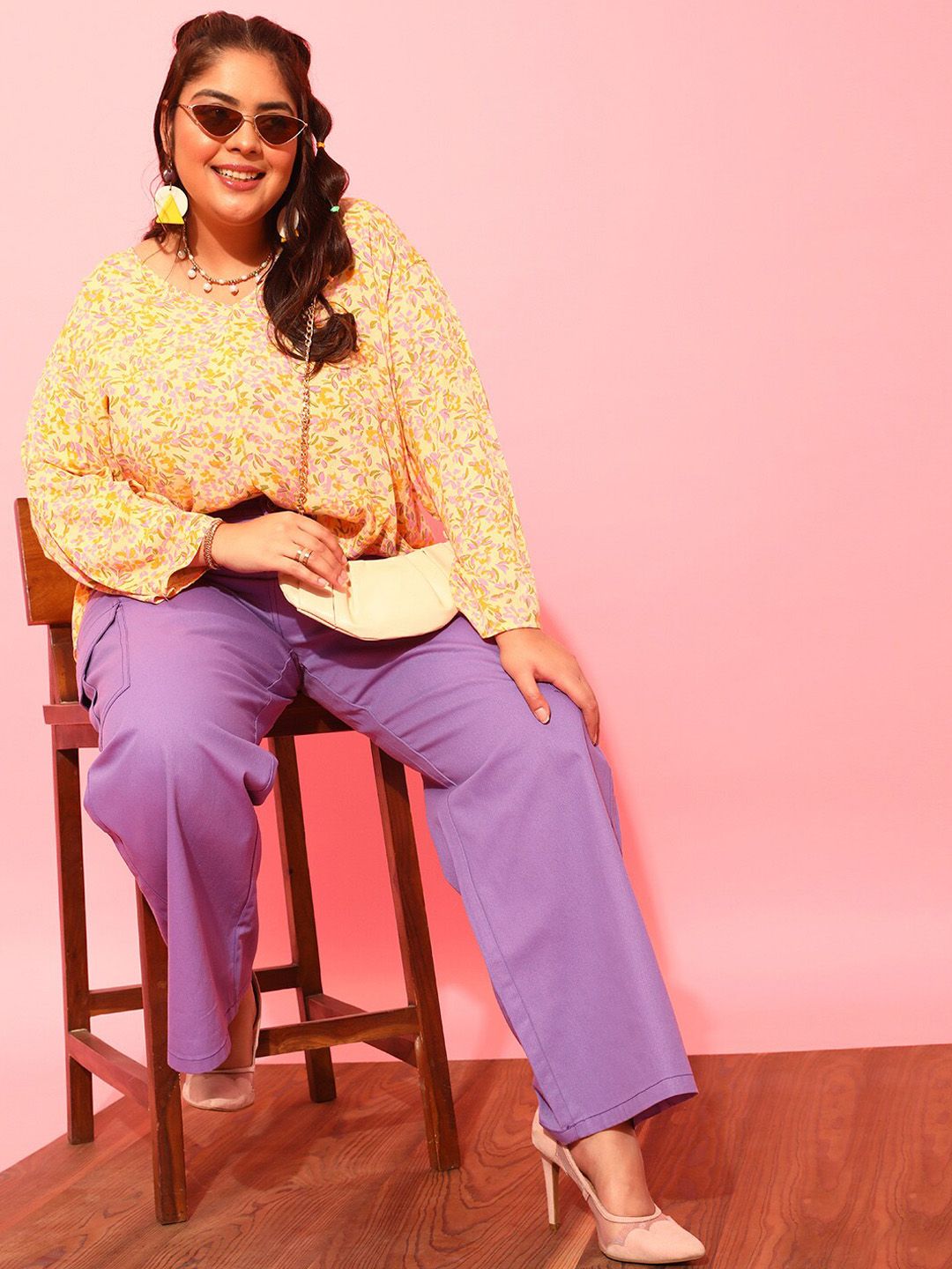 CURVY STREET Women Plus Size Lavender Relaxed Straight Leg Pure Cotton Trousers