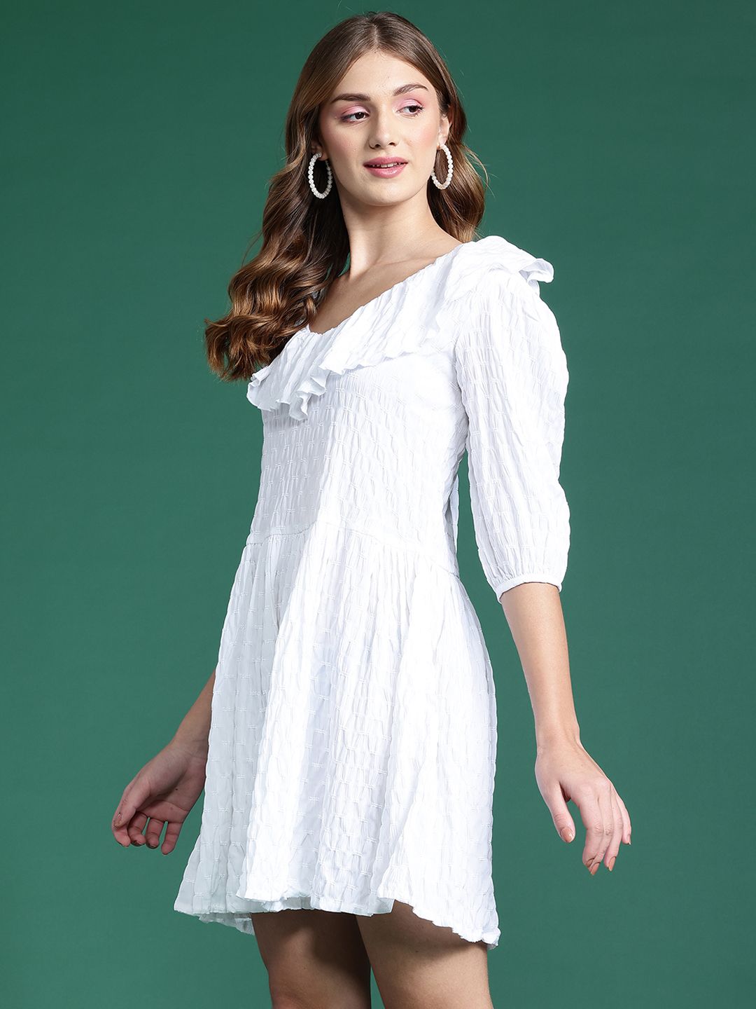 DressBerry Embroidered Puff Sleeve Ruffled Fit & Flare Dress