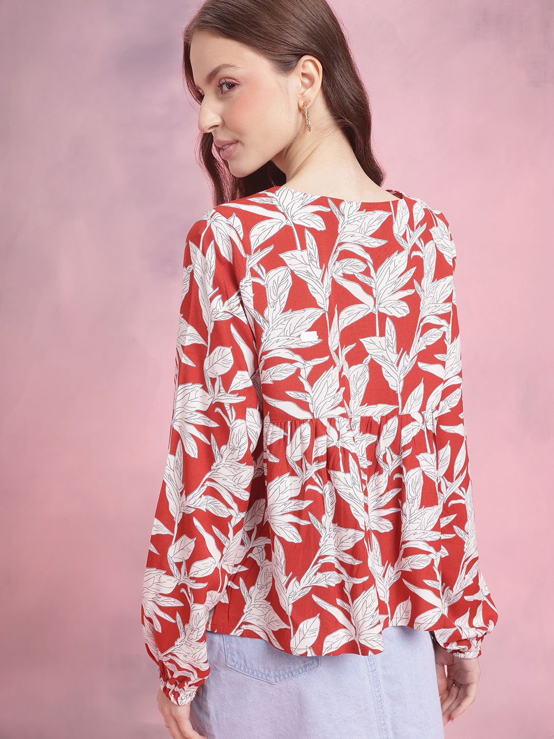 DressBerry Floral Print Tie-Up Neck Puff Sleeve Top