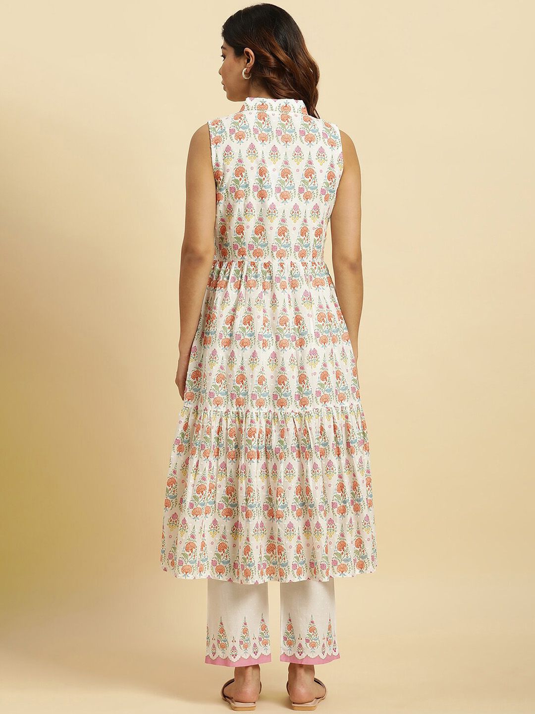 W Floral Printed Shirt Collar Pure Cotton Anarkali Kurta with Trousers